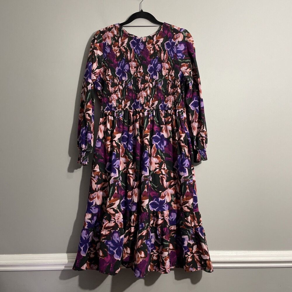 Terra & Sky 14W Dark Floral Dress Smocked Bodice Long Sleeve Cottagecore Pockets
